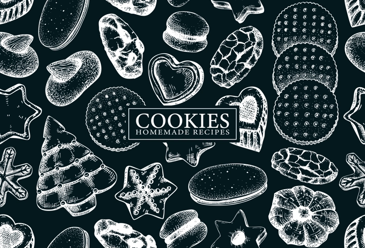 Bakery shop background on chalkboard. Popular cookies seamless pattern. Italian pastry sketches. Cookies with almond, chocolate, jam, crackers, chips hand drawn illustrations for logo, banner design